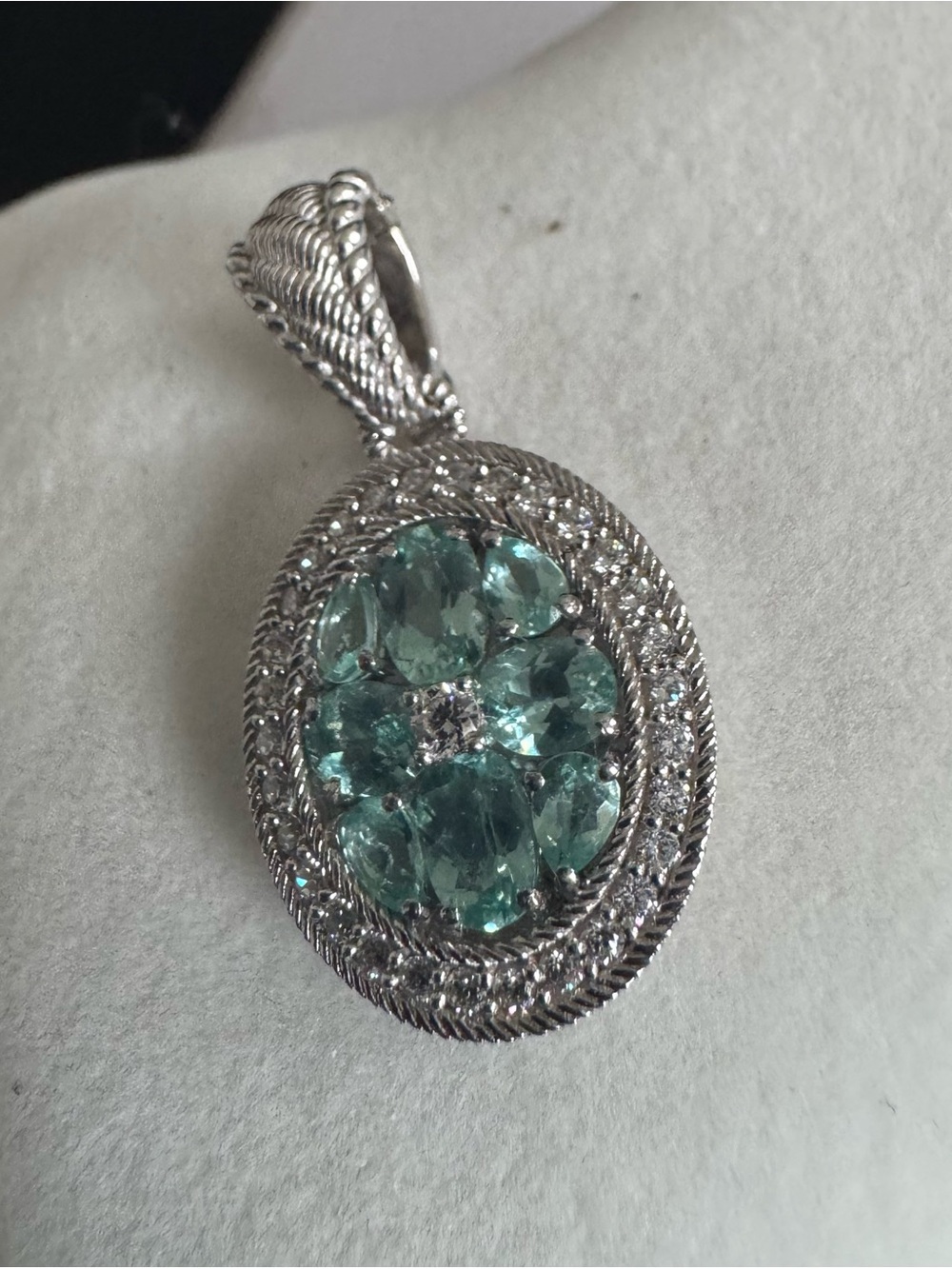 Judith Ripka 925 Silver Oval Aquamarine Cluster Pendant w/Surrounding Diamonique - Picture 5 of 8
